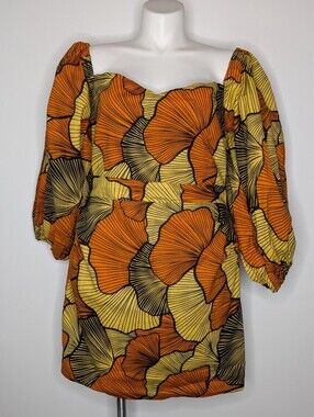 NWT Ofuure Ohi Yellow Orange Ginkgo Leaf Puff Sleeve Sweetheart Neck Mini Dress